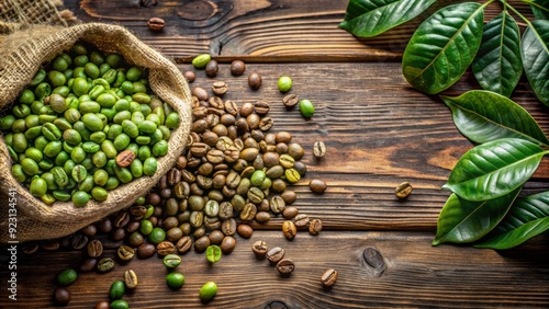 Freshly harvested green coffee beans scattered on a rustic wooden table, surrounded by earthy tones and natural textures, evoking a sense of organic simplicity.