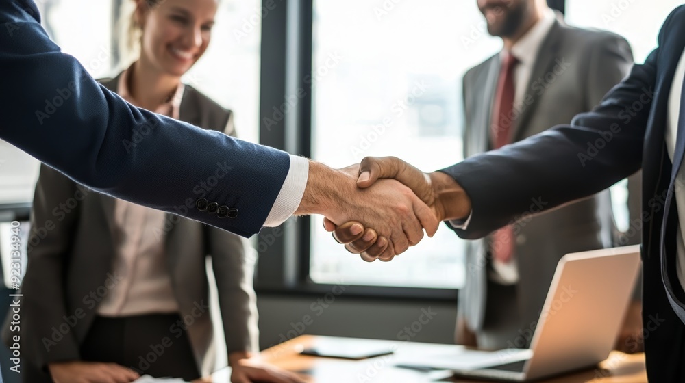 Business partners engaging in a handshake, symbolizing agreement, collaboration, and professional success in a modern office. Business partners engaging in a handshake, symbolizing agreement, collaboration, and professional success in a modern office.