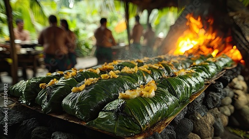 Food Wrapped in Banana Leaves Over Hot Coals photo