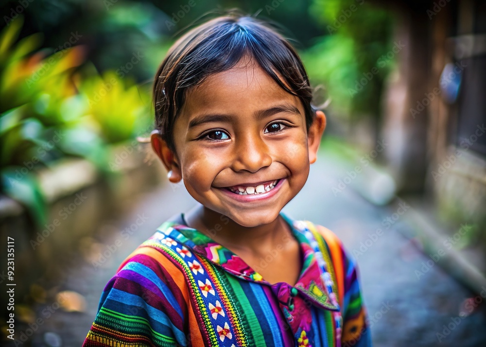 Dreamy portrait of Salvadorian child, with bright smile, colorful clothes, and blurred background, capturing innocence and joy in everyday life Dreamy portrait of Salvadorian child, with bright smile, colorful clothes, and blurred background, capturing innocence and joy in everyday life