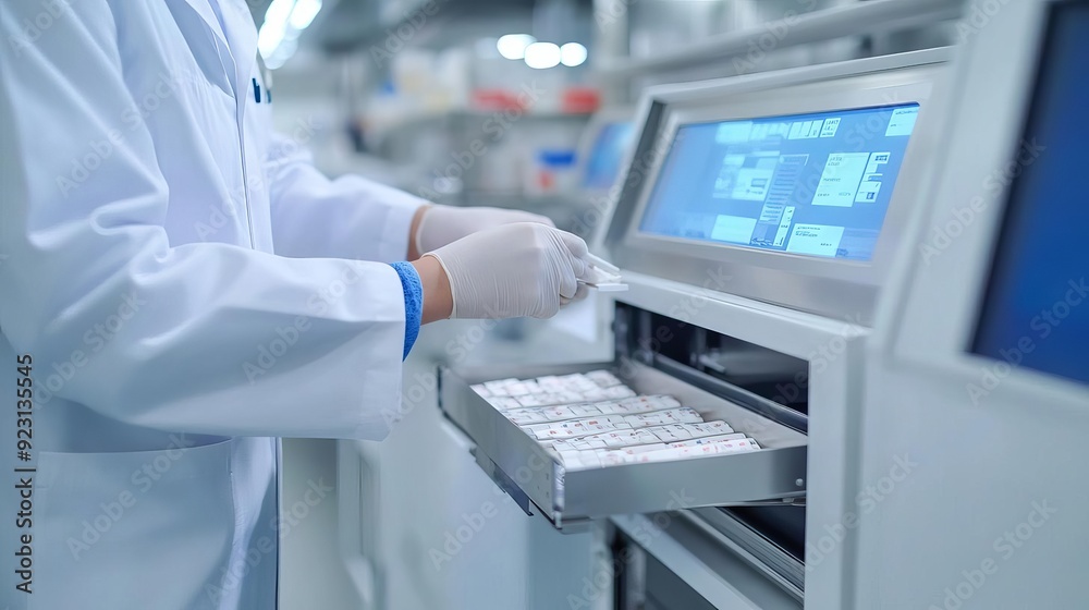 Hospital pharmacist preparing medication with an automated dispensing machine, accurate dosage Hospital pharmacist preparing medication with an automated dispensing machine, accurate dosage