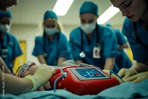Hospital staff operating an automated external defibrillator AED during a code blue, emergency response