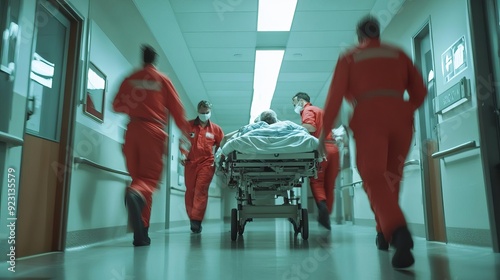 Medical staff rushing a patient on a stretcher through a hospital hallway, emergency response, urgency