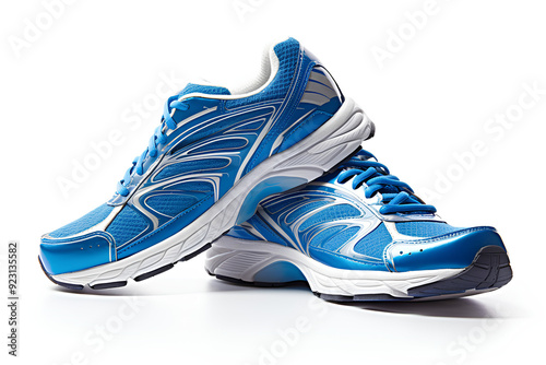 Side view of a pair of athletic sports shoes on white background