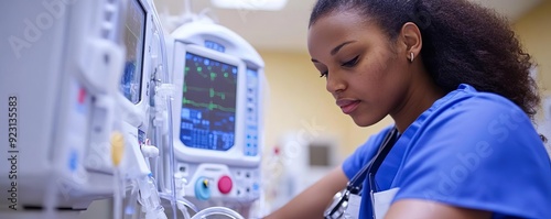 Hospital technician calibrating a dialysis machine, renal care photo