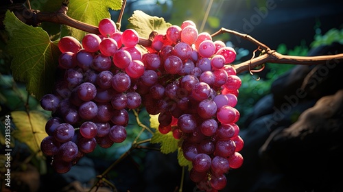 A bunch of grapes hanging from a vine photo