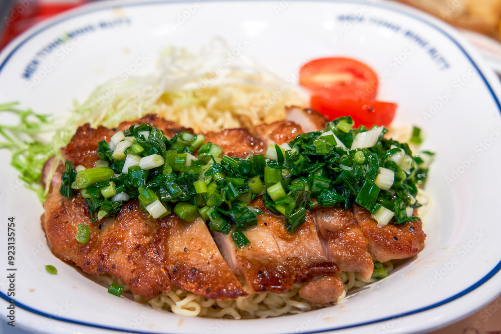 Delicious fried chicken chop and scallion oil noodles in Hong Kong tea restaurant Delicious fried chicken chop and scallion oil noodles in Hong Kong tea restaurant