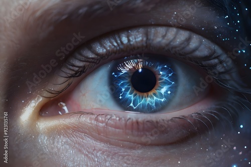 Close up of wide open human eye seeing galaxy