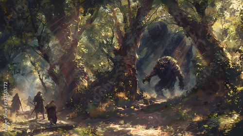 Orc Warriors Emerging from the Shadows of an Enchanted and Foreboding Forest, Poised for Battle in a Dangerous Encounter with Their Enemies in a Dark and Mystical Fantasy World