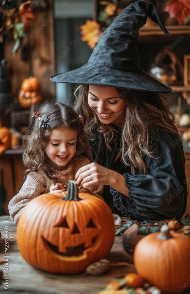 A mother and daughter sit at a table decorating a pumpkin for Halloween in festive costumes A mother and daughter sit at a table decorating a pumpkin for Halloween in festive costumes