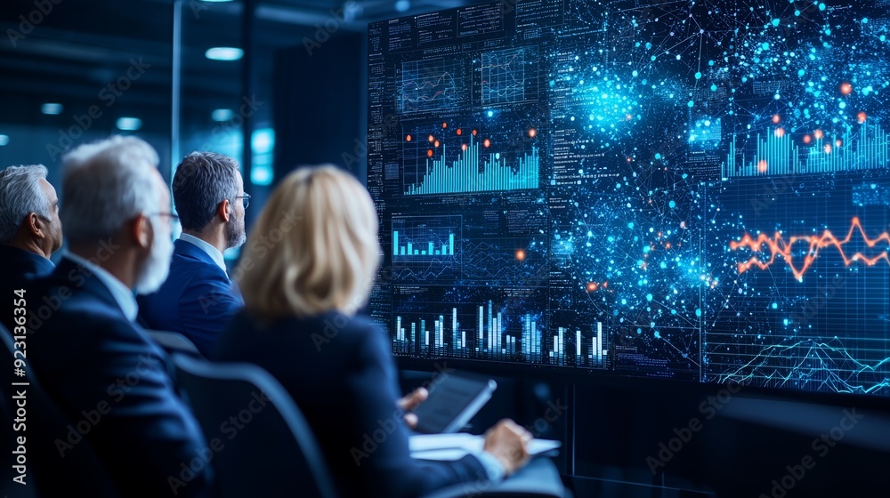 Business professionals observe data analysis on a digital screen, highlighting trends and statistics in a modern conference setting. Business professionals observe data analysis on a digital screen, highlighting trends and statistics in a modern conference setting.