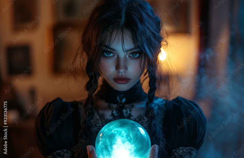 Naklejka premium A beautiful woman in a black witch costume holds a glowing crystal ball with mystic energy