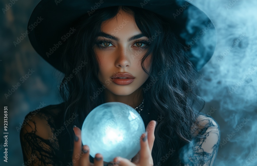 Naklejka premium A beautiful woman in a black witch costume holds a glowing crystal ball with mystic energy