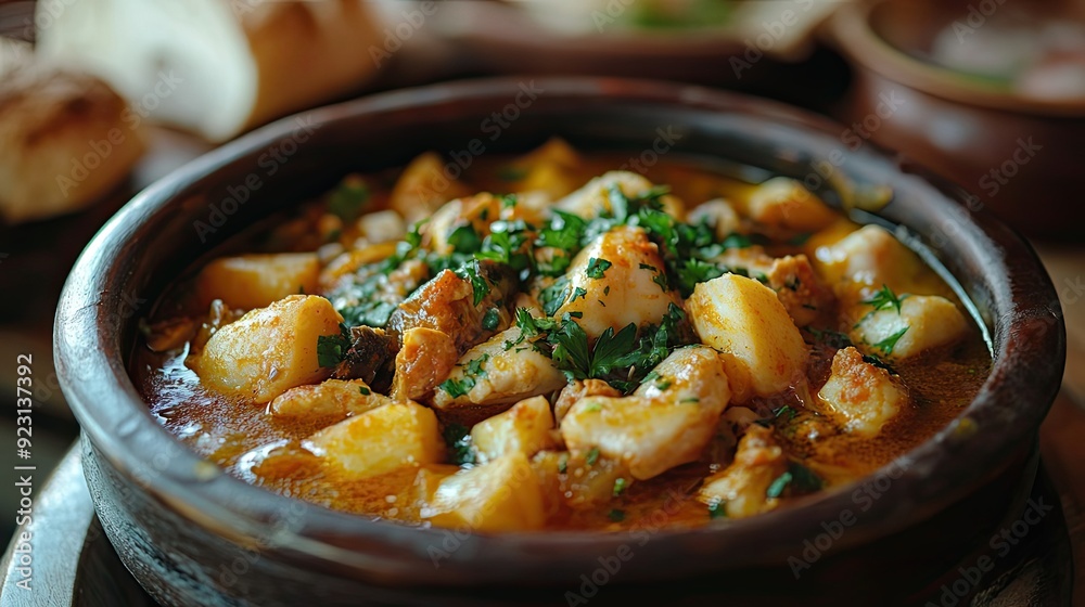 Close-up of a Clay Pot Filled with a Hearty Stew with Potatoes, Meat, and Herbs Close-up of a Clay Pot Filled with a Hearty Stew with Potatoes, Meat, and Herbs