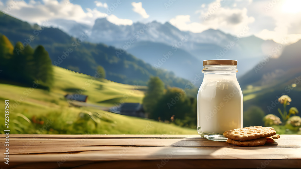 there is a glass jar of milk and a cookie on a table there is a glass jar of milk and a cookie on a table