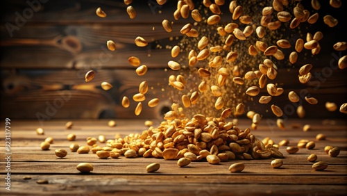 Golden peanuts cascade downwards in slow motion, scattering across a worn wooden table amidst crunching sounds and warm autumnal light. photo