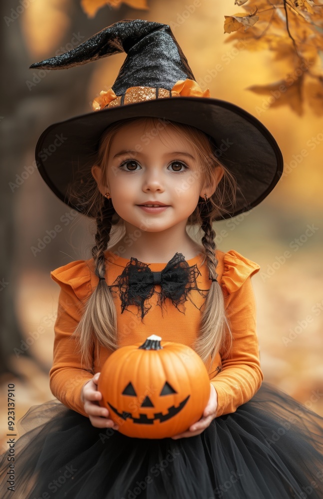 A young girl with black pigtails, an orange shirt, a witch hat, and a pumpkin A young girl with black pigtails, an orange shirt, a witch hat, and a pumpkin
