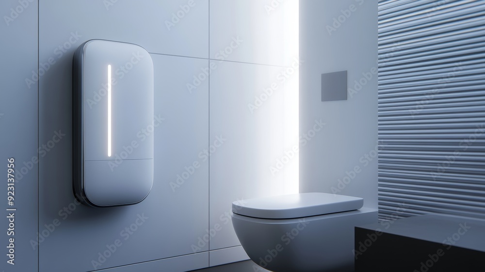 Futuristic bathroom design with a smart brush holder, digital display panel, and eco-friendly toilet. Sleek lines and a futuristic feel Futuristic bathroom design with a smart brush holder, digital display panel, and eco-friendly toilet. Sleek lines and a futuristic feel