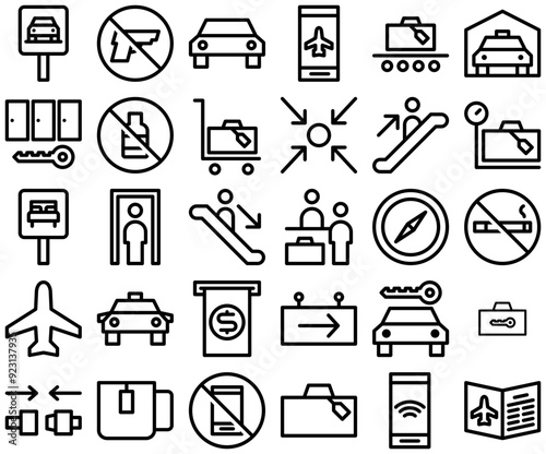 Set Of Linear Airport Bolder Icons Silhouette Vector Logo Design Containing Travel,Car,No,Luggage,Baggage Stroke Icon Collection. Vector Illustration