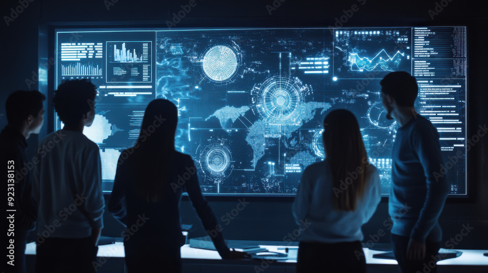 High-resolution studio photo of students collaborating around a large screen in a futuristic classroom, displaying complex AI-driven interfaces.