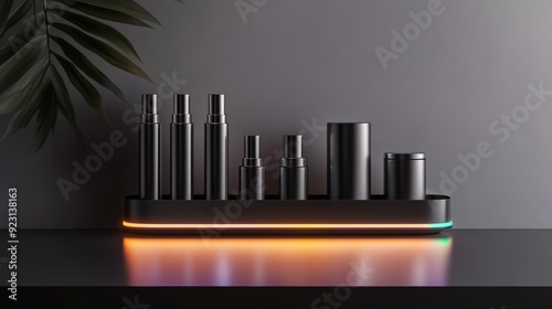 Futuristic metallic brush holder with modular storage units, high-tech design, showcasing sleek and adjustable compartments with a touch of neon accents