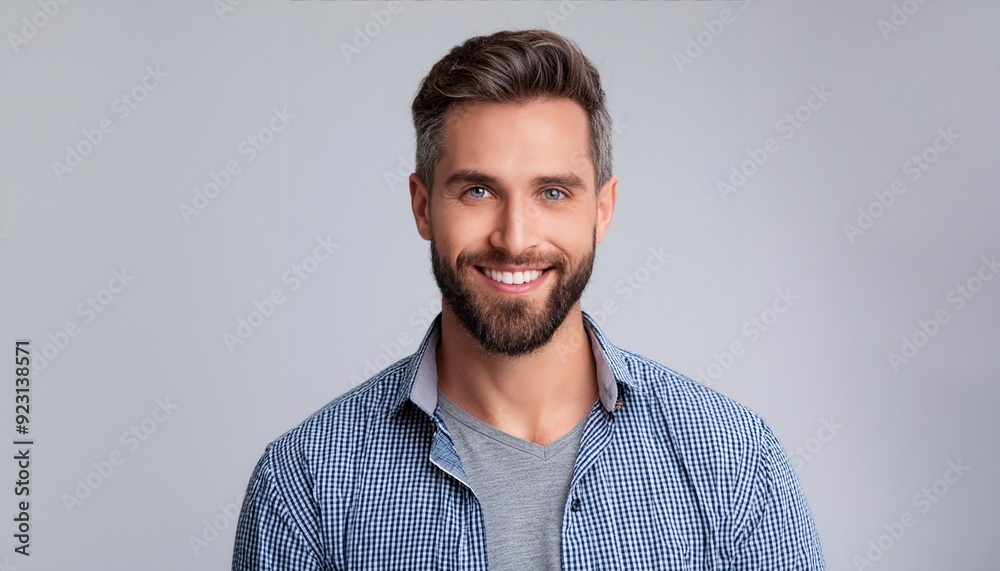 Fototapeta premium A man with a beard and a blue plaid shirt is smiling. He is wearing a gray shirt. Happy man adult face caucasian isolated background handsome confidence 