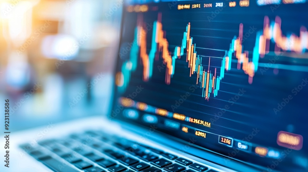 Close-up of a laptop displaying a dynamic stock market chart with colorful indicators and fluctuating prices. Close-up of a laptop displaying a dynamic stock market chart with colorful indicators and fluctuating prices.