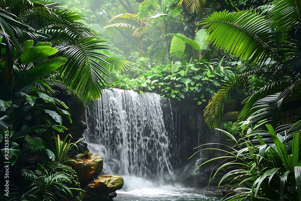 Waterfall in the garden with sun light and green leaves background Waterfall in the garden with sun light and green leaves background