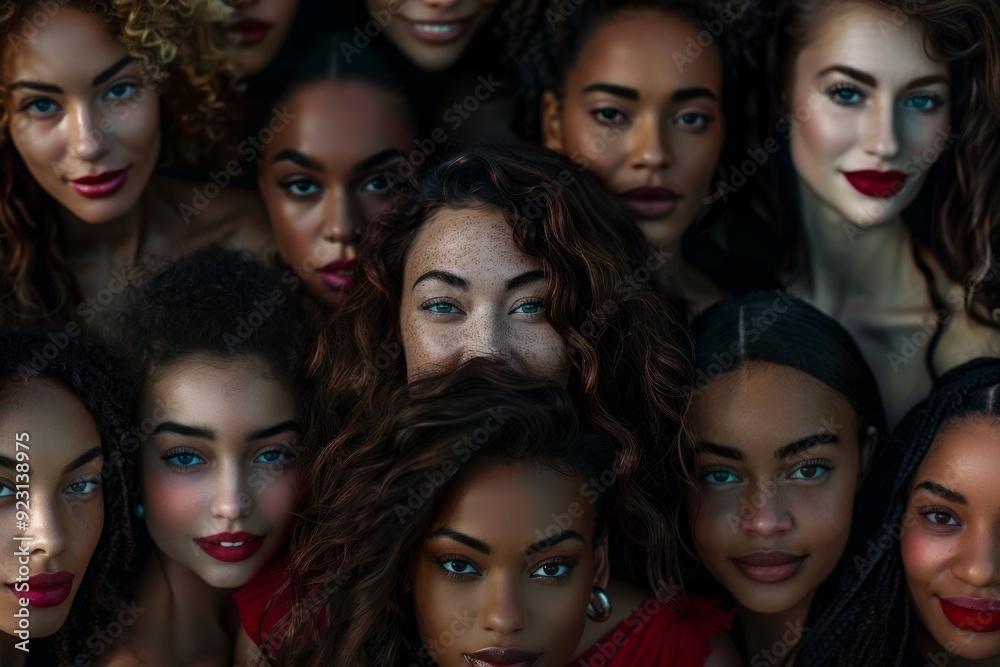 A poster featuring a diverse group of smiling supermodel Caucasian women with various faces and swimwear styles. A poster featuring a diverse group of smiling supermodel Caucasian women with various faces and swimwear styles.