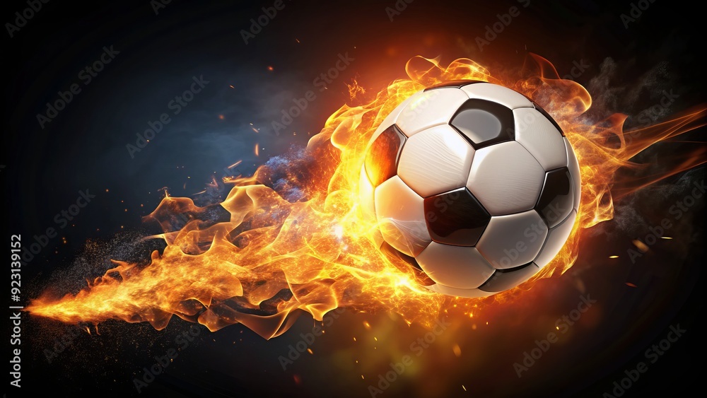 Naklejka premium Illuminated flaming soccer ball with fiery trails and sparks, set against a dark background, symbolizing passion, energy, and competitive spirit in the sport.