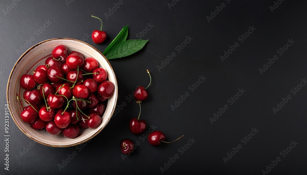 cherry in a bowl on a black background, top view, copy space cherry in a bowl on a black background, top view, copy space