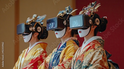 Three Women Wearing Traditional Japanese Kimonos and VR Headsets photo