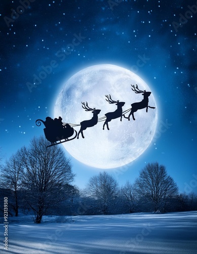 Silhouette of Santa Claus on the sleigh pulled by reindeer flying in the moonlight photo