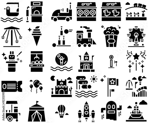 Mega Set Of Vector Amusement Park Solid Icons Web Header Banner Design Containing Castle,Fun-Park,Celebration,Circus,Amusement-Park Solid Icon Collection. Vector Illustration