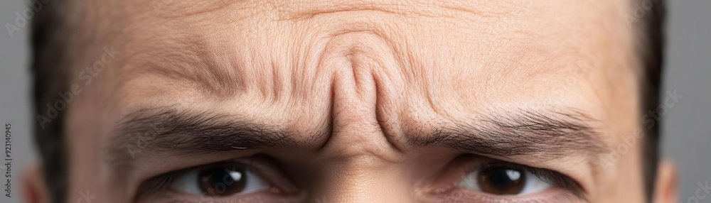 Extreme close-up of a furrowed brow with deep, etched lines, depicting long-term pain and mental anguish Extreme close-up of a furrowed brow with deep, etched lines, depicting long-term pain and mental anguish