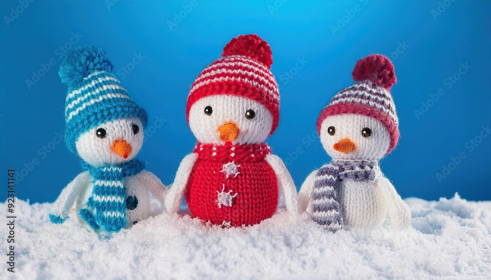little knitted snowmans on soft snow on blue background