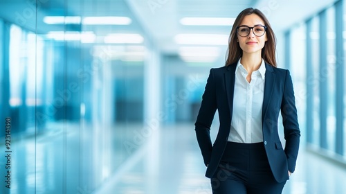 Confident businesswoman in a modern office corridor, dressed in formal attire, showcasing professionalism and ambition.