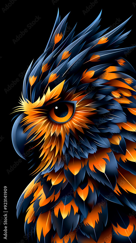 Obraz premium A colorful owl with orange and blue feathers. The owl has a fierce look on its face, with its eyes staring straight ahead. The feathers are arranged in a way that creates a sense of movement