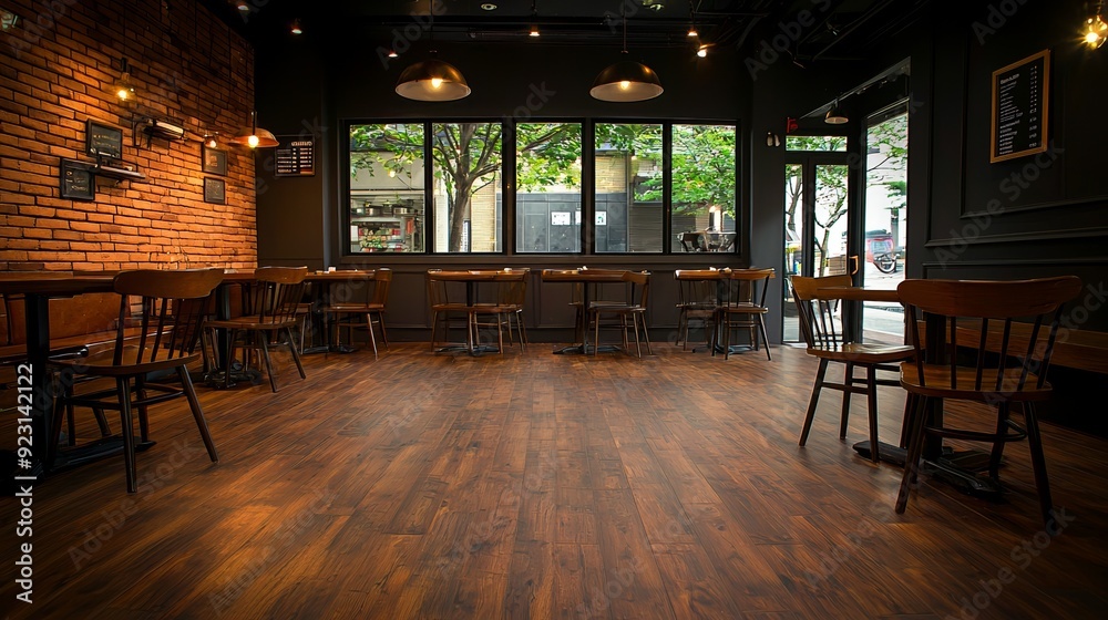 Cozy and inviting cafe interior with wooden floor, brick walls, and natural light filtering through windows. Cozy and inviting cafe interior with wooden floor, brick walls, and natural light filtering through windows.