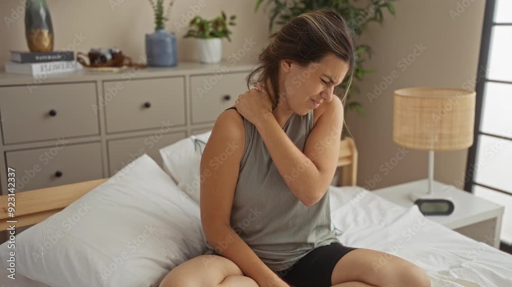 Woman experiencing neck pain sitting on a bed in a cozy bedroom with plants and furniture visible in the background Woman experiencing neck pain sitting on a bed in a cozy bedroom with plants and furniture visible in the background