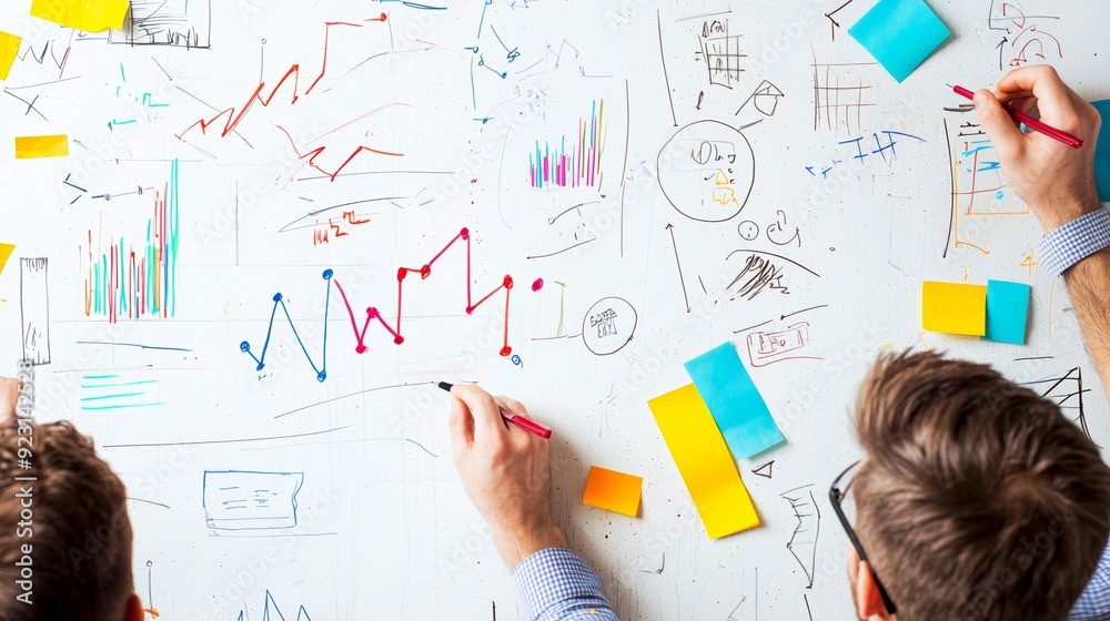 Creative brainstorming session with charts, graphs, and notes on a whiteboard, illustrating innovative ideas and collaboration. Creative brainstorming session with charts, graphs, and notes on a whiteboard, illustrating innovative ideas and collaboration.