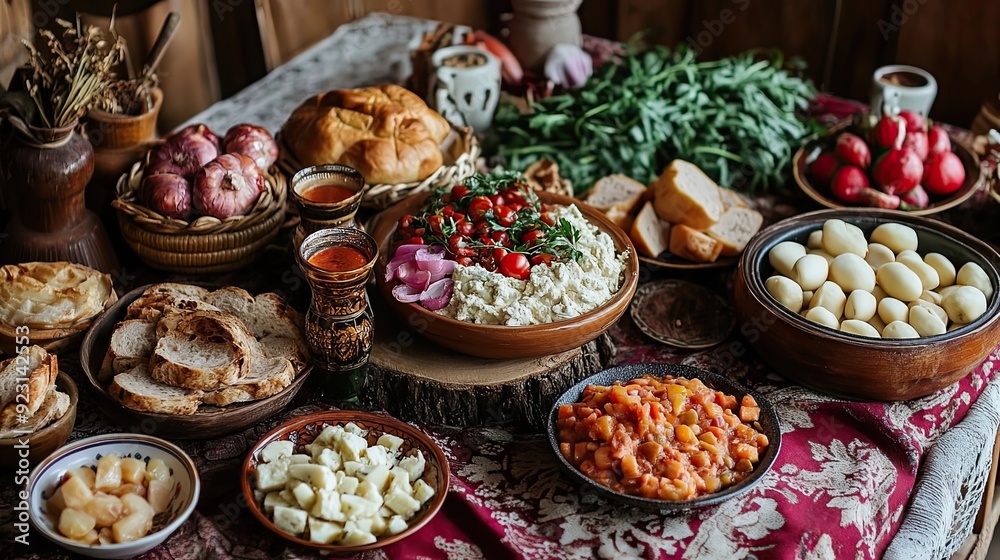 Rustic Table Setting with Various Foods and Dishes Rustic Table Setting with Various Foods and Dishes