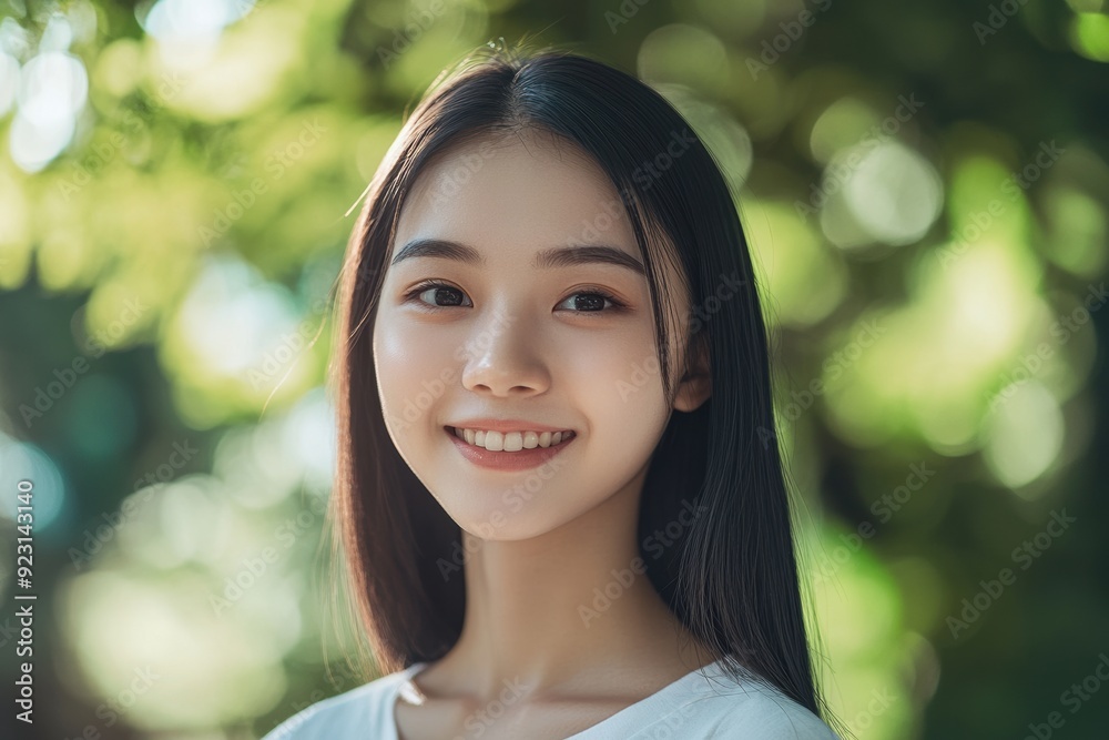 cheerful Asian woman stands before a bright green background, her natural, flawless skin ideal for beauty and skincare ads. cheerful Asian woman stands before a bright green background, her natural, flawless skin ideal for beauty and skincare ads.