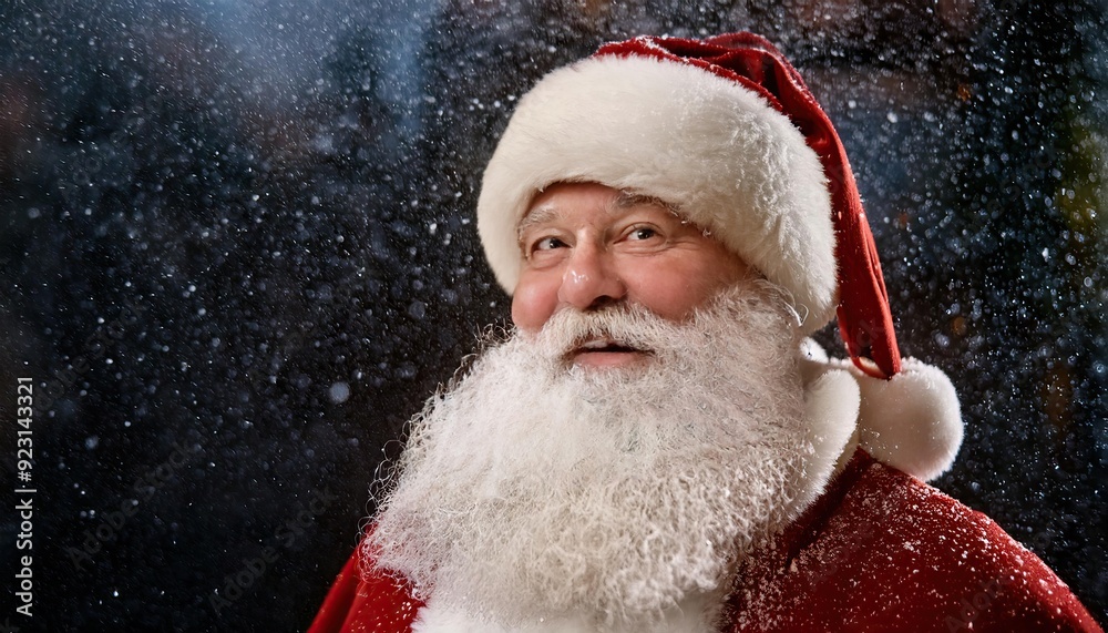  portrait of smiling Santa Claus with long beard looking away while standing in snow fall against dark blurred background
