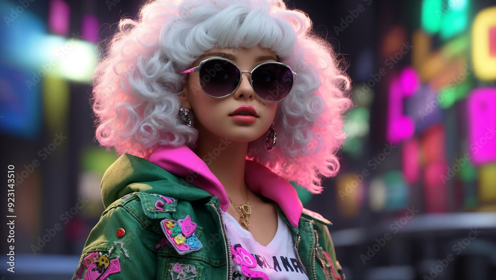 It's a picture of a doll with white and pink curly hair wearing sunglasses and a green jacket with pink trim.
It's a picture of a doll with white and pink curly hair wearing sunglasses and a green jacket with pink trim.