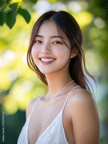 cheerful Asian woman stands before a bright green background, her natural, flawless skin ideal for beauty and skincare ads. photo