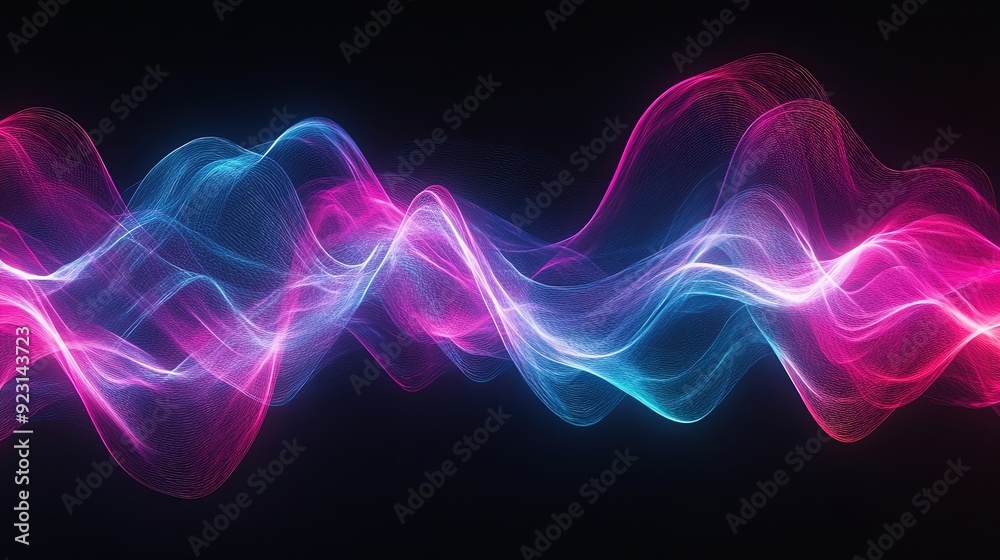 Vibrant Sound Waves Art: Dynamic Pink and Blue Lines for Energetic Sports Interior Poster Design on Dark Background Vibrant Sound Waves Art: Dynamic Pink and Blue Lines for Energetic Sports Interior Poster Design on Dark Background