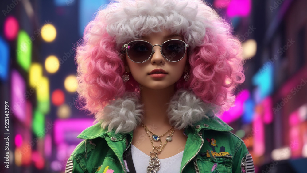 It's a picture of a doll with white and pink curly hair wearing sunglasses and a green jacket with pink trim.
It's a picture of a doll with white and pink curly hair wearing sunglasses and a green jacket with pink trim.