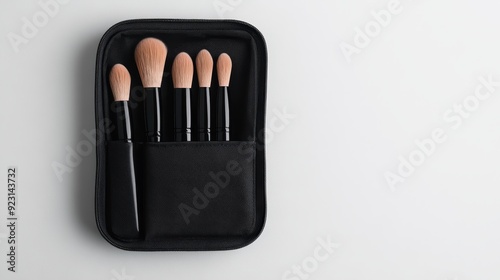 Minimalist bamboo brush holder with sleek lines, compartmentalized for organized makeup tools, placed on a modern vanity, soft natural light photo