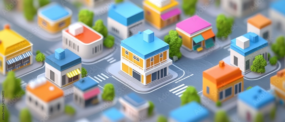 Isometric view of a city with small businesses Isometric view of a city with small businesses